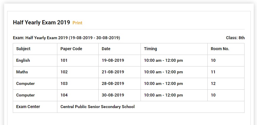 Showing Exam Time Table on a Page