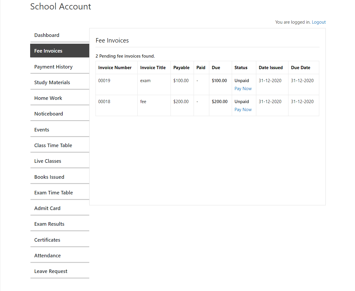 Student Fee Invoices