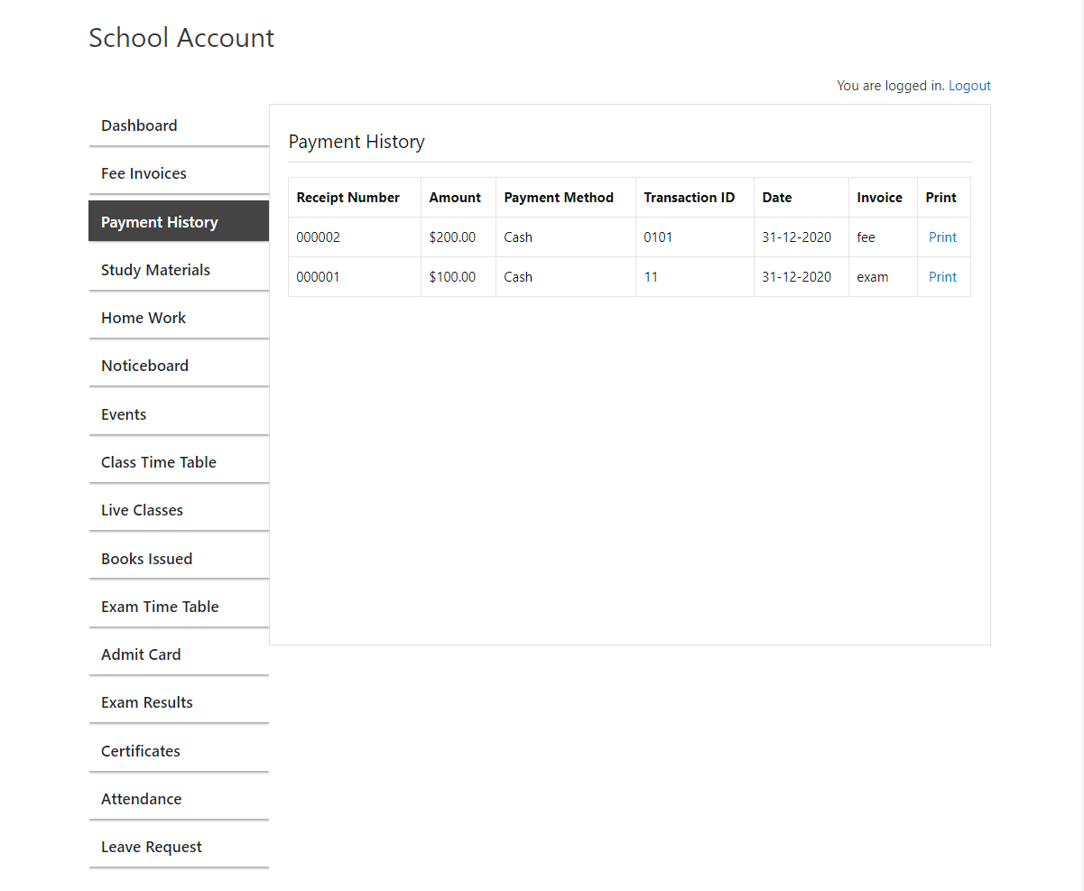 Student Payment History